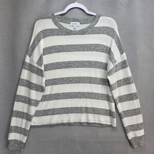Evereve Striped Sweater Women S Round Neck Knit Pullover Short Puff Sleeve Gray